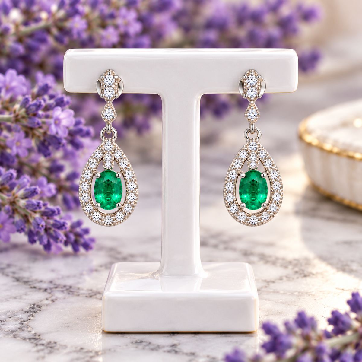 Natural Emerald 4x5mm Oval Teardrop Halo Dangle Earrings in 925 Sterling Silver with CZ