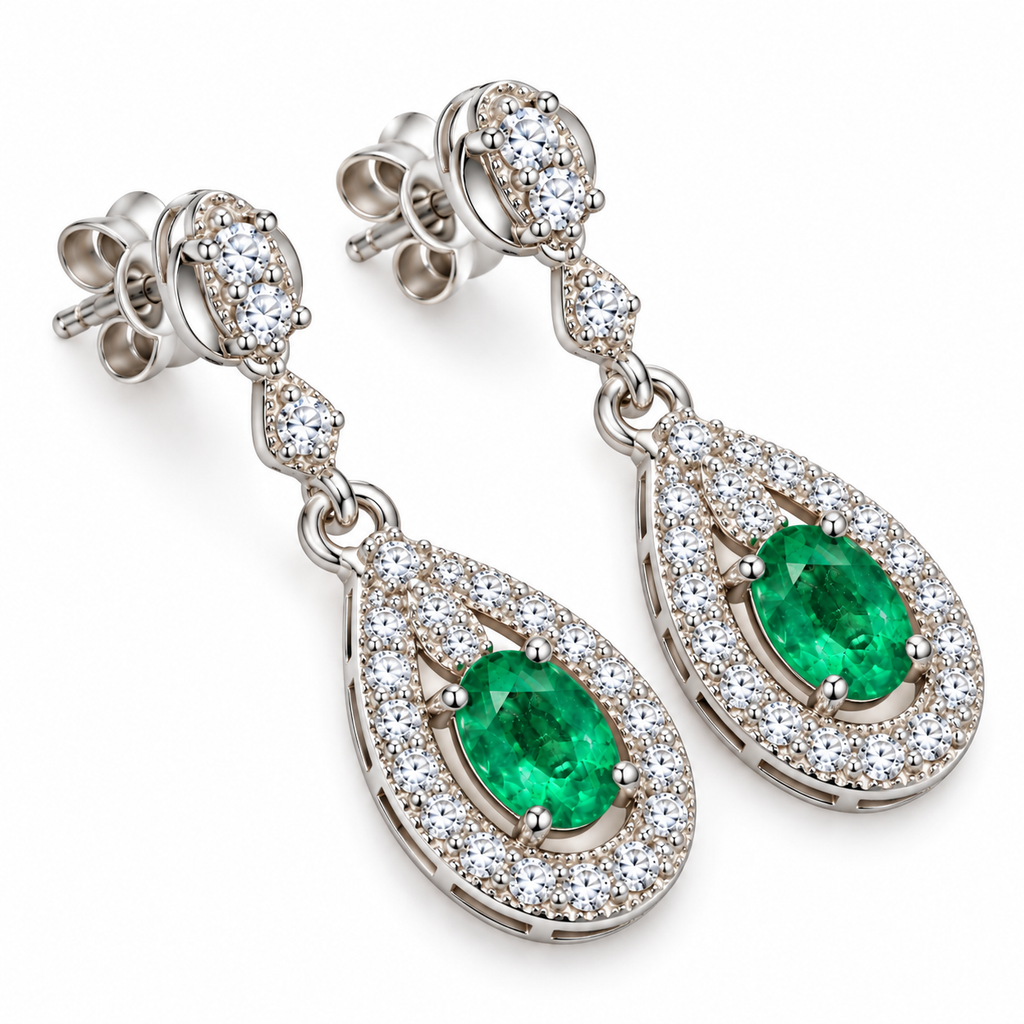 Natural Emerald 4x5mm Oval Teardrop Halo Dangle Earrings in 925 Sterling Silver with CZ