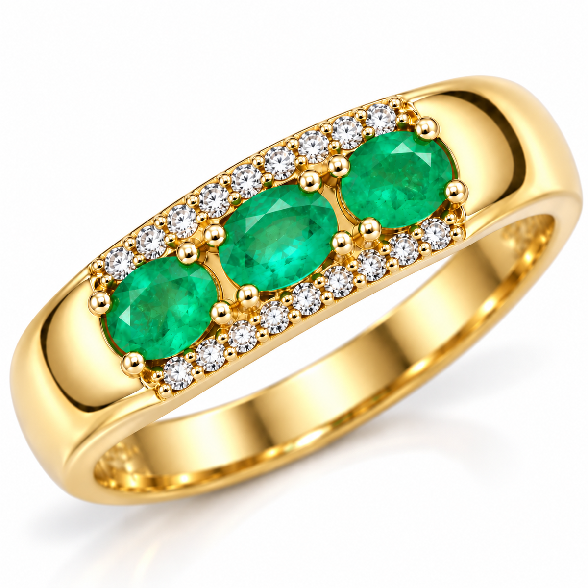 Men's Natural Colombian Emerald Three-Stone Band Ring in 925 Sterling Silver – 3×4mm Oval Emeralds
