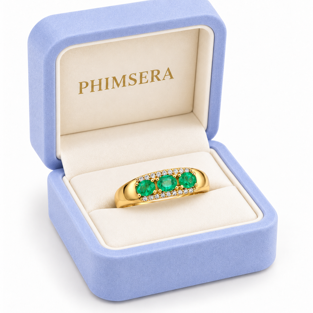 Men's Natural Colombian Emerald Three-Stone Band Ring in 925 Sterling Silver – 3×4mm Oval Emeralds