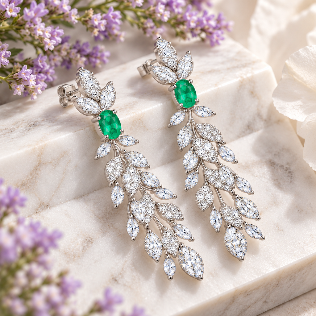 Natural Emerald 4x6mm Oval Leaf Chandelier Dangle Earrings in 925 Sterling Silver