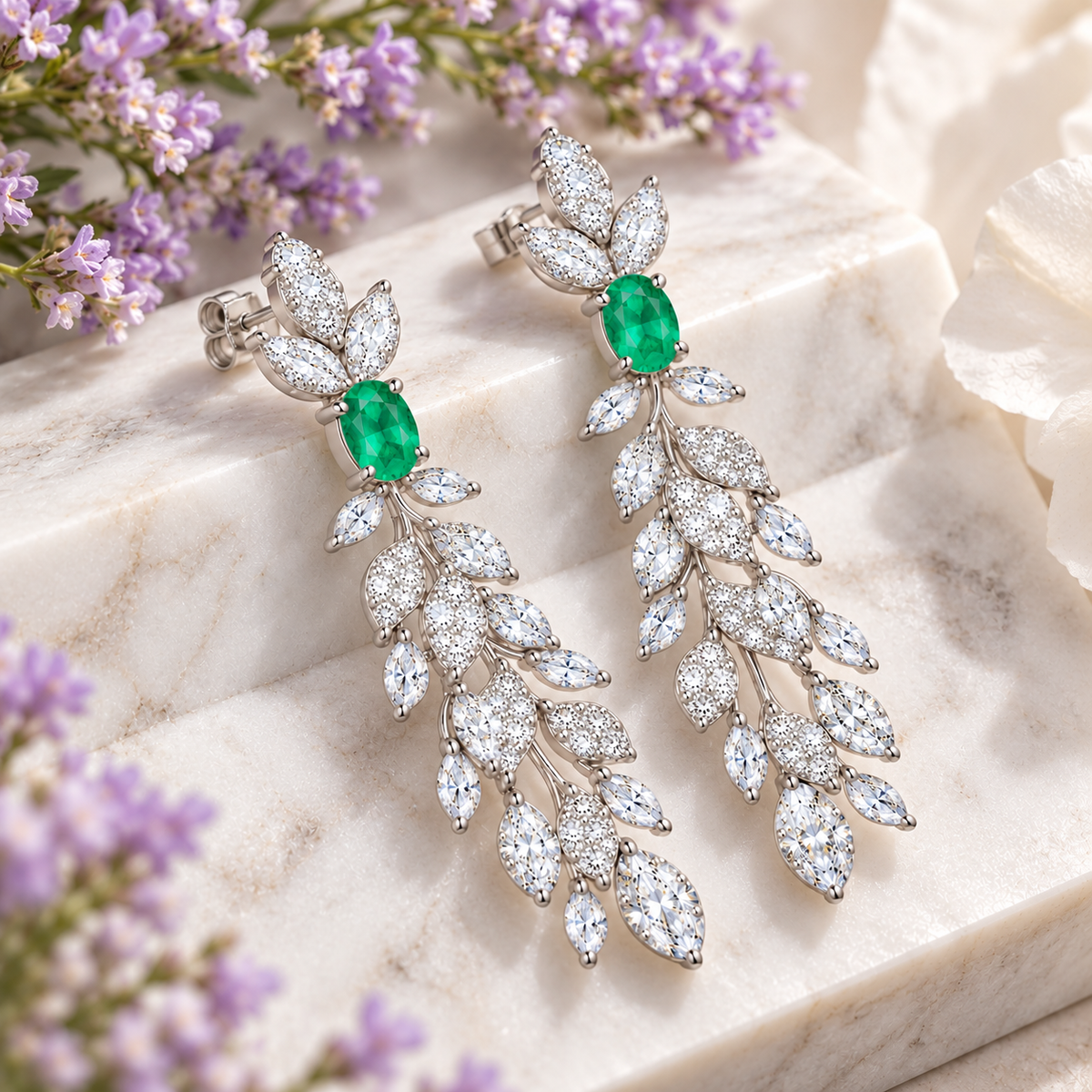 Natural Emerald 4x6mm Oval Leaf Chandelier Dangle Earrings in 925 Sterling Silver