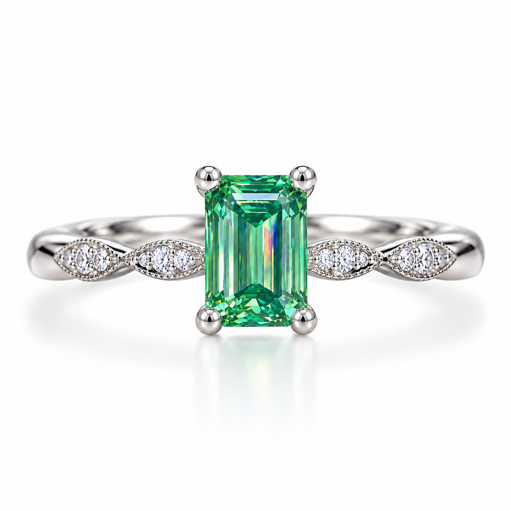 5x7mm emerald cut green moissanite ring in 925 Sterling Silver on white background