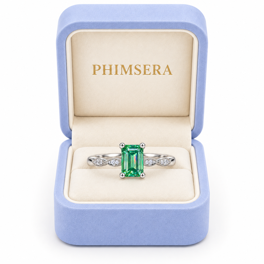 Phimsera green moissanite ring presented in a luxury jewelry gift box