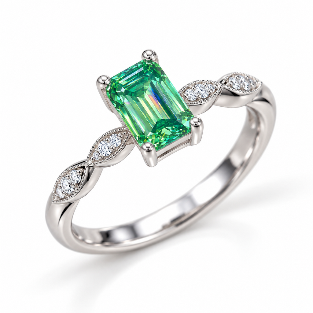 5x7mm emerald cut green moissanite ring shown from a 45 degree angle in 925 Sterling Silver