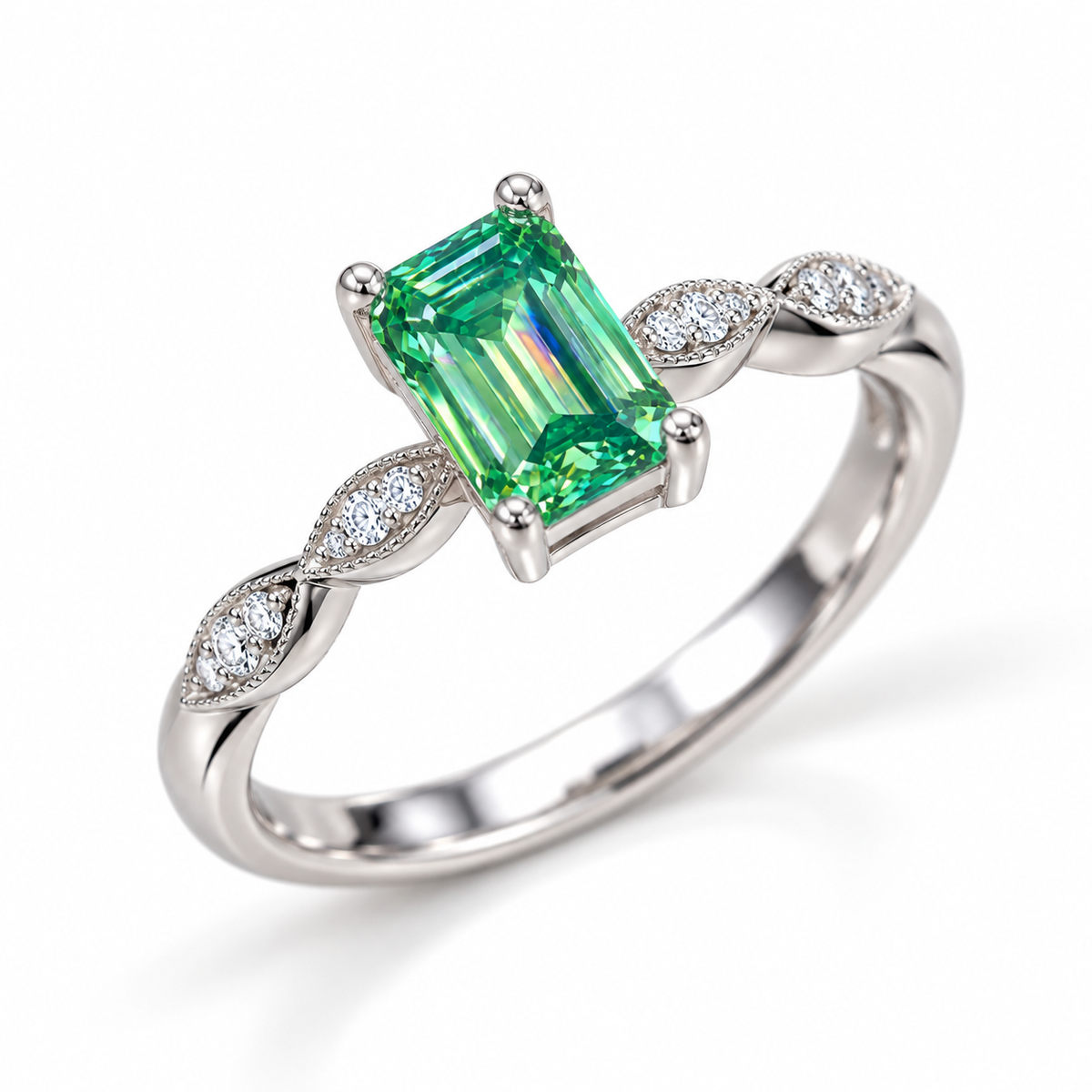 5x7mm emerald cut green moissanite ring shown from a 45 degree angle in 925 Sterling Silver