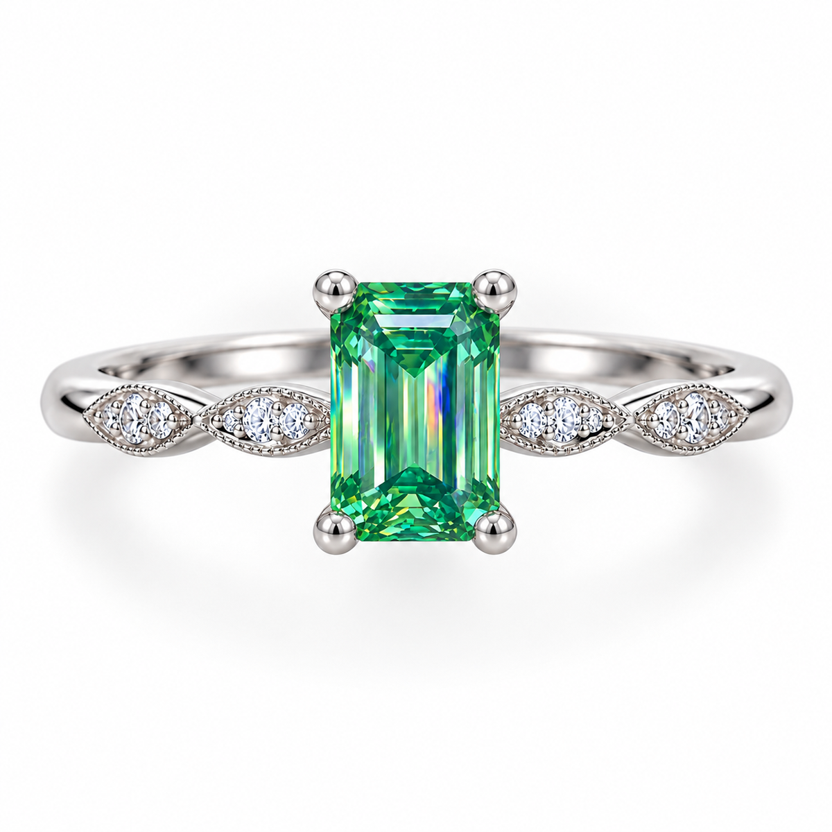 Top-down view of VVS1 5x7mm emerald cut green moissanite ring with accent stones