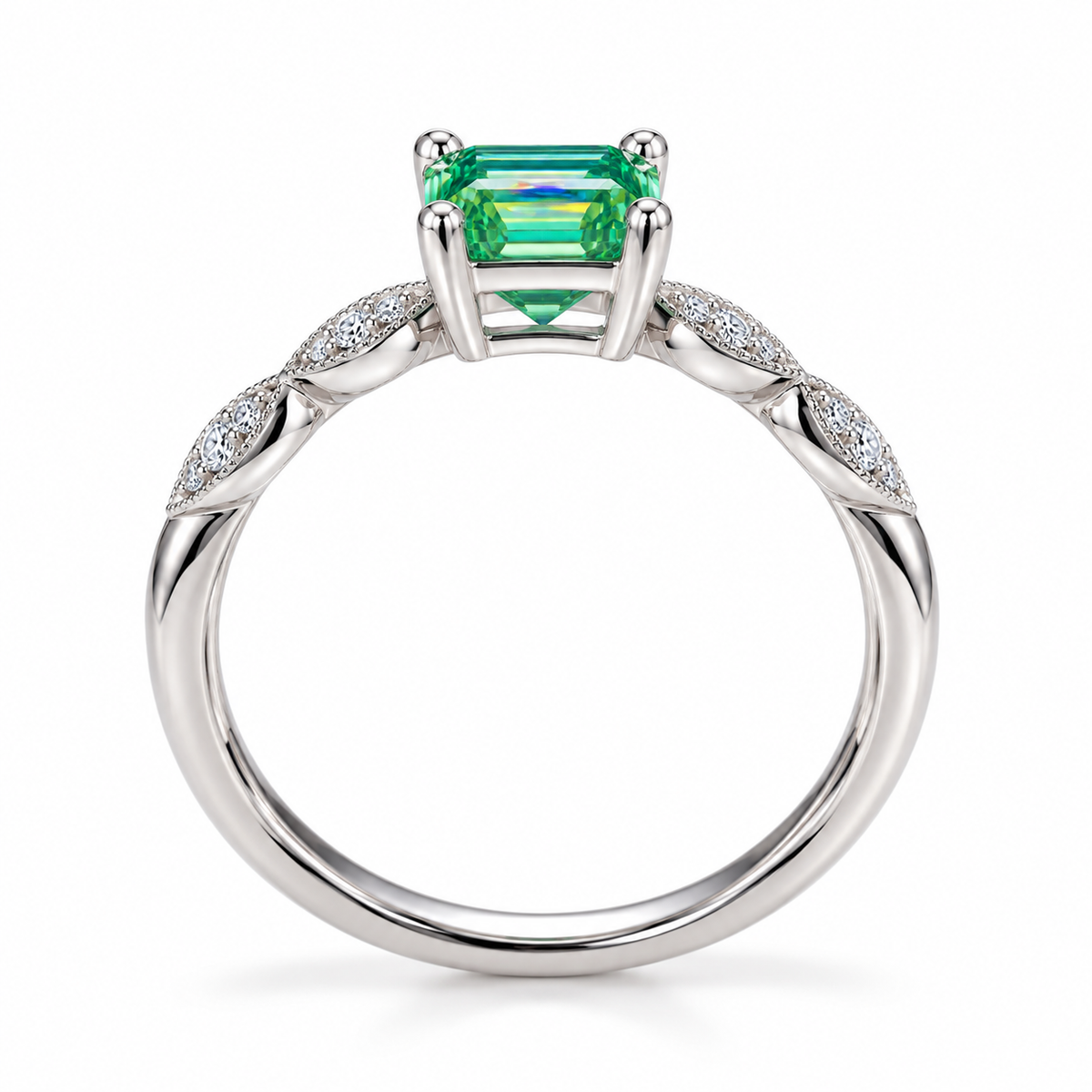 Side profile of 5x7mm emerald cut green moissanite ring showing the 925 Sterling Silver setting