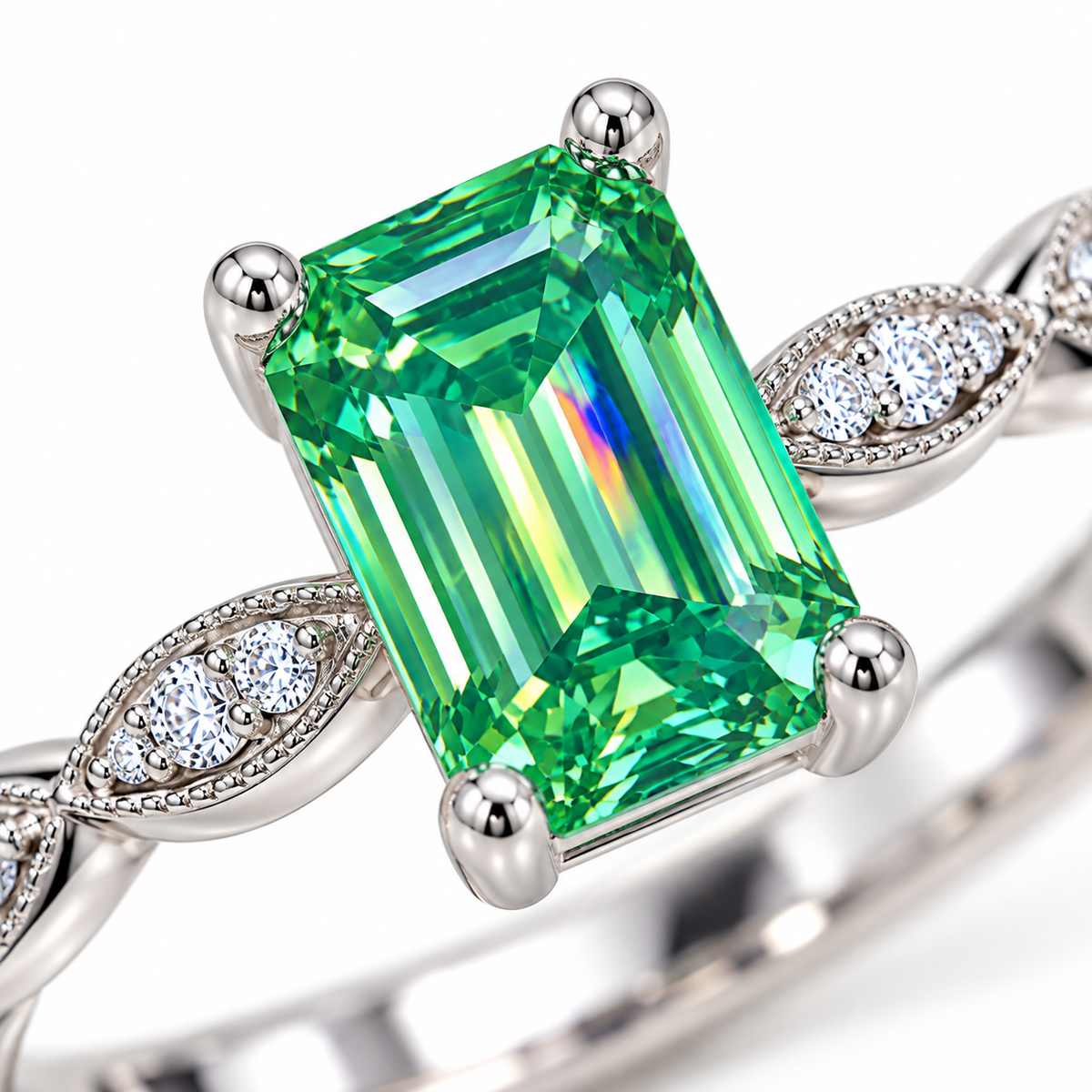 Macro view of VVS1 5x7mm emerald cut green moissanite showing its green color and detailed faceting