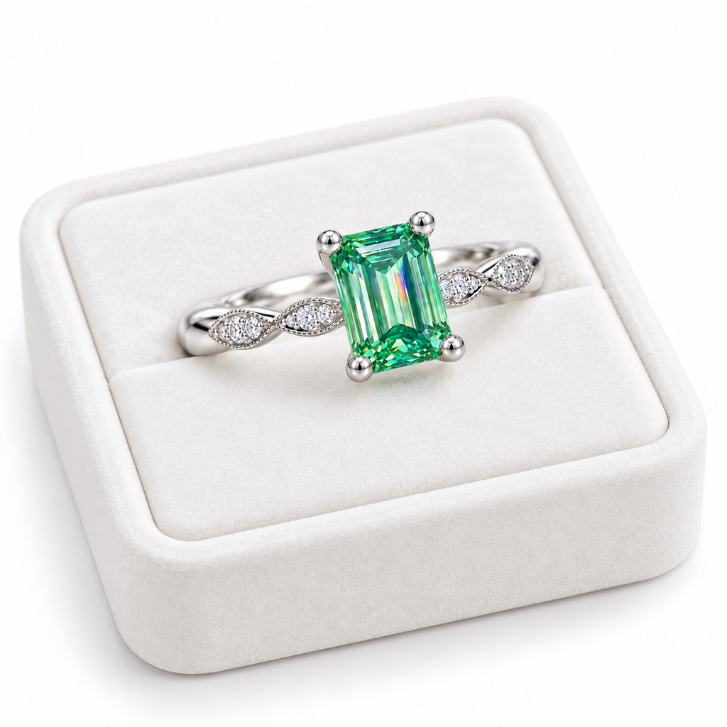 5x7mm emerald cut green moissanite ring displayed on a white velvet jewelry tray