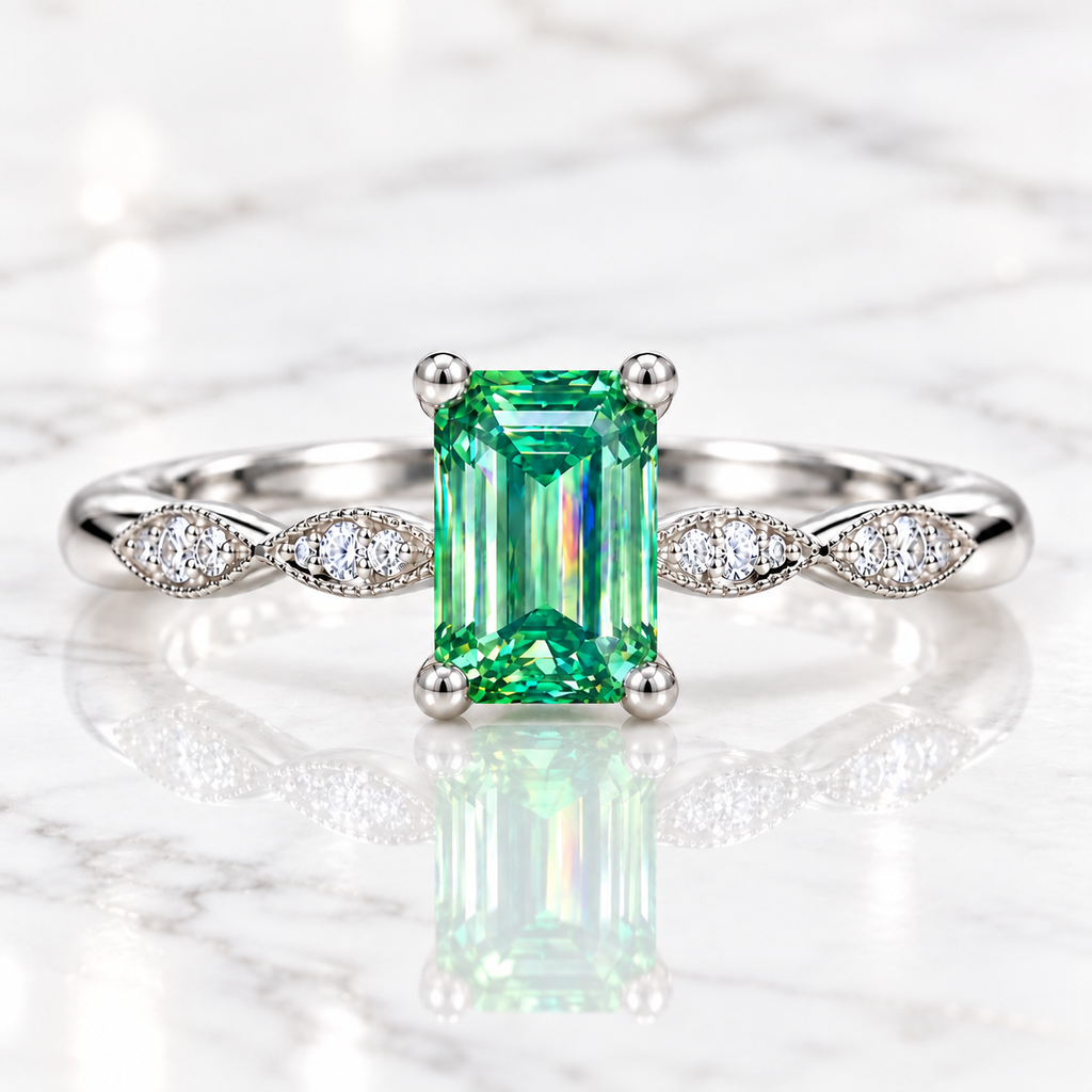 5x7mm emerald cut green moissanite ring displayed in an elegant lifestyle setting