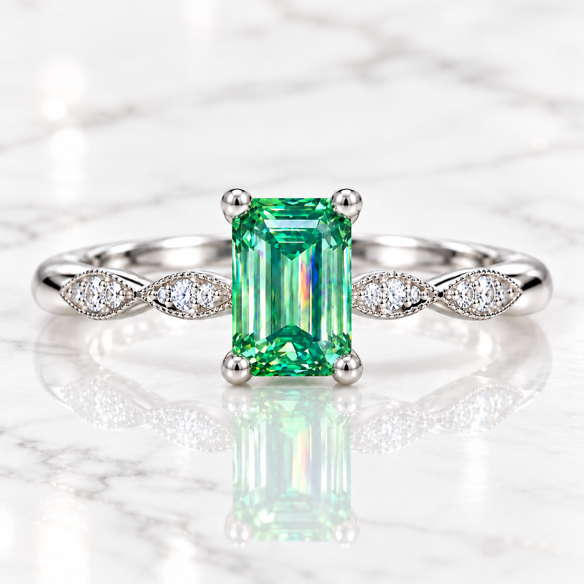 5x7mm emerald cut green moissanite ring displayed in an elegant lifestyle setting