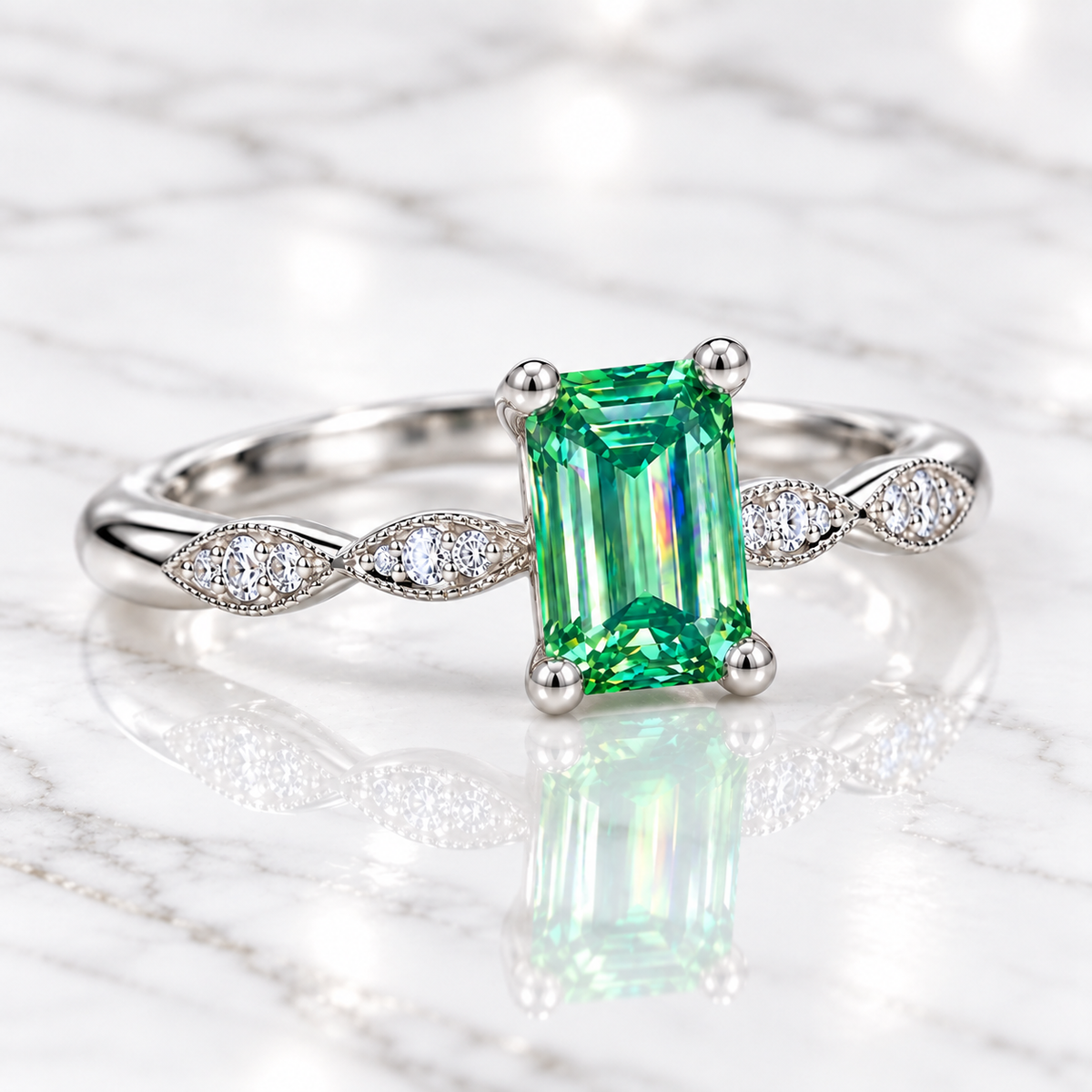 5x7mm emerald cut green moissanite ring displayed in an elegant lifestyle setting