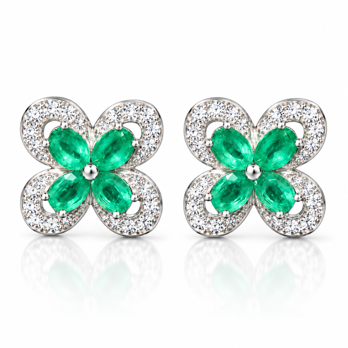 Natural Emerald 3x4mm Oval Four Leaf Clover Flower Stud Earrings in 925 Sterling Silver