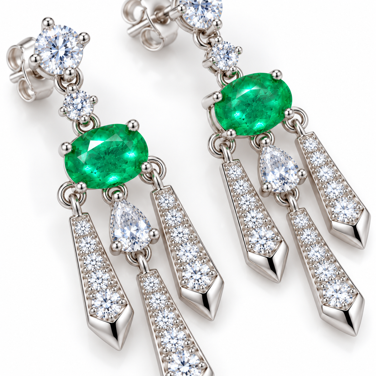 Natural Emerald 4x6mm Oval Chandelier Dangle Earrings in 925 Sterling Silver with CZ
