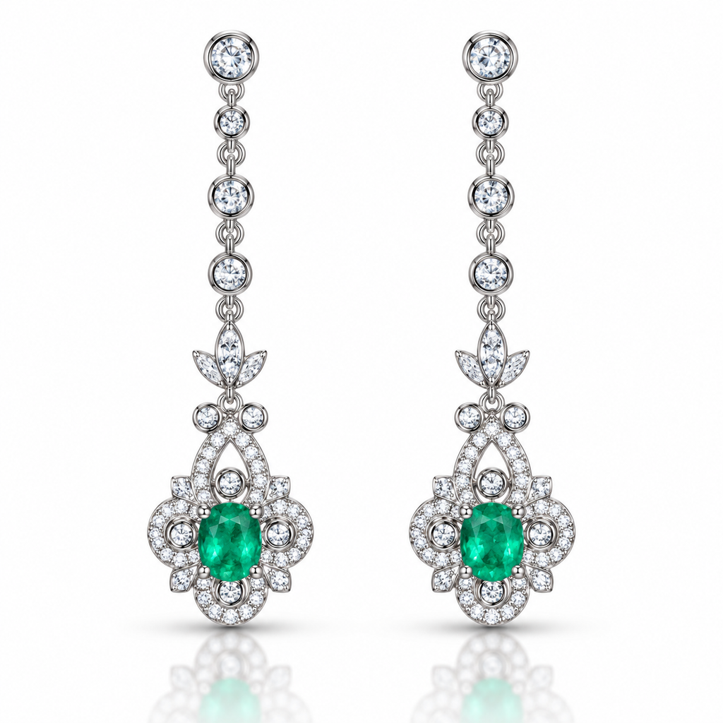 Natural Emerald 4x5mm Oval Vintage Chandelier Dangle Earrings in 925 Sterling Silver