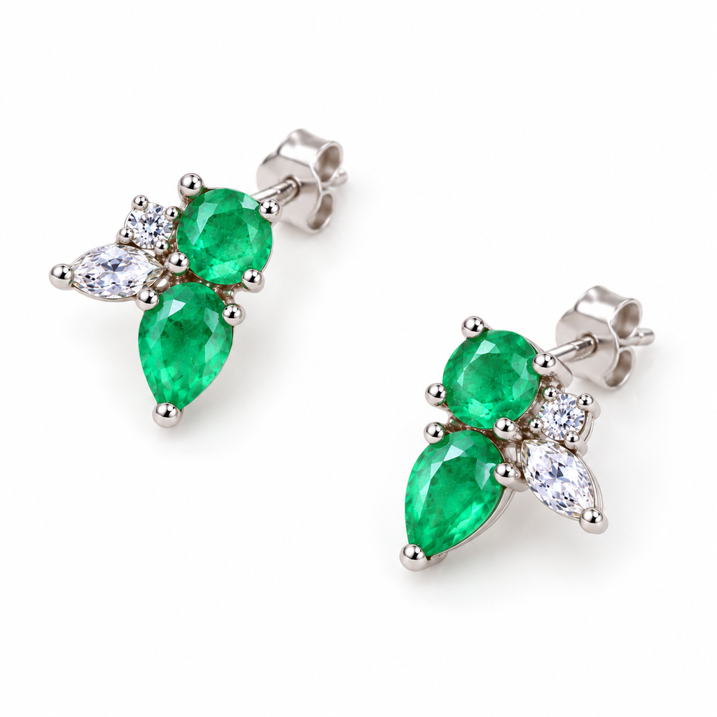 Natural Emerald Round and Pear Cut Floral Stud Earrings in 925 Sterling Silver with CZ