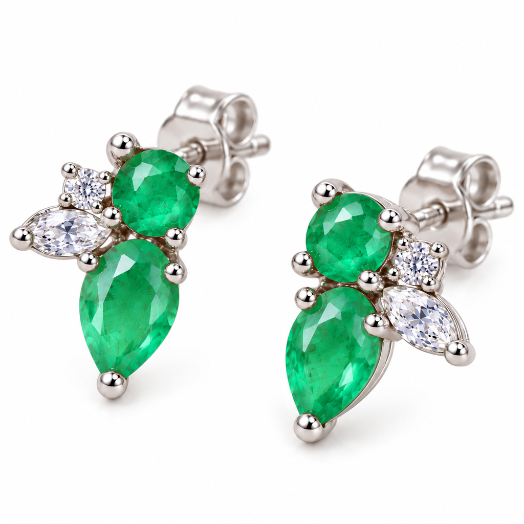 Natural Emerald Round and Pear Cut Floral Stud Earrings in 925 Sterling Silver with CZ