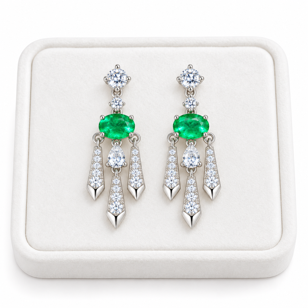 Natural Emerald 4x6mm Oval Chandelier Dangle Earrings in 925 Sterling Silver with CZ