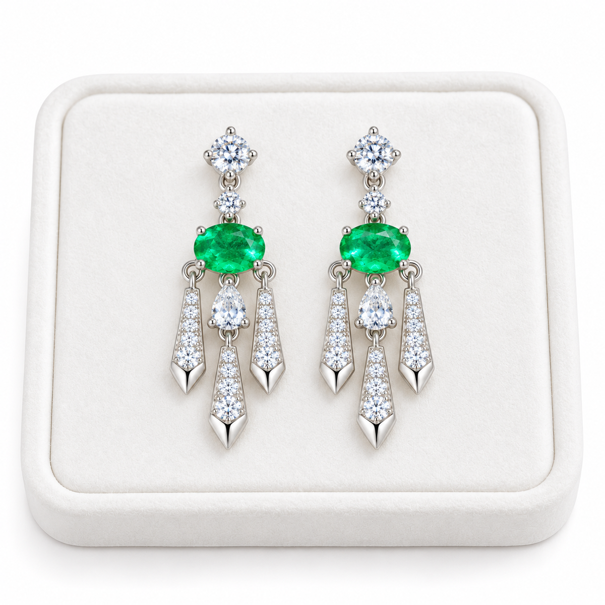 Natural Emerald 4x6mm Oval Chandelier Dangle Earrings in 925 Sterling Silver with CZ