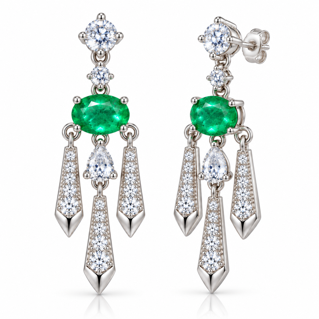 Natural Emerald 4x6mm Oval Chandelier Dangle Earrings in 925 Sterling Silver with CZ
