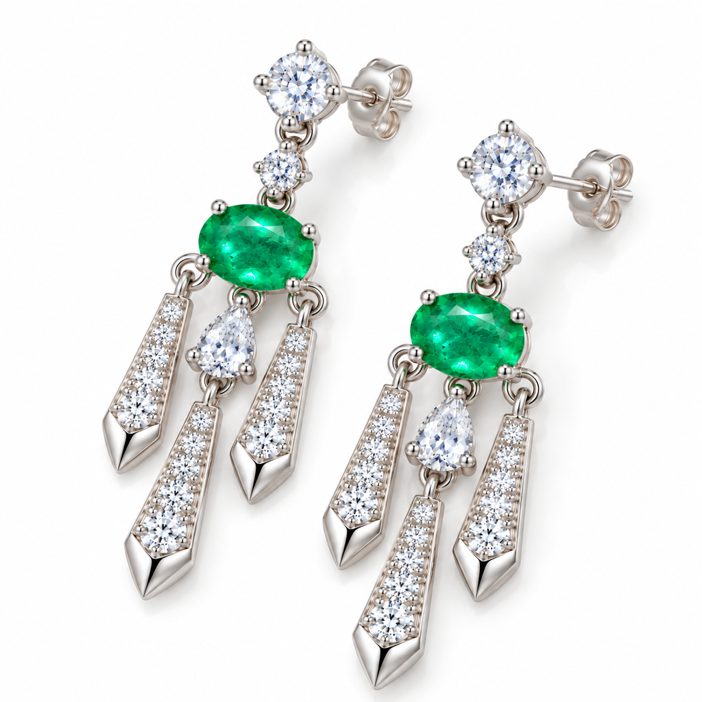Natural Emerald 4x6mm Oval Chandelier Dangle Earrings in 925 Sterling Silver with CZ
