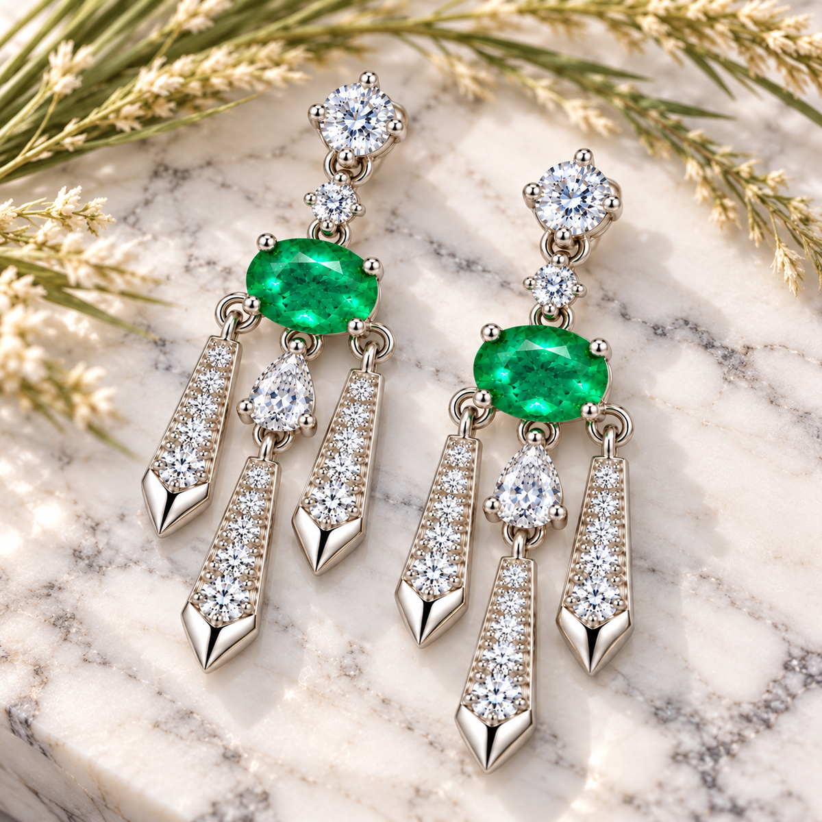 Natural Emerald 4x6mm Oval Chandelier Dangle Earrings in 925 Sterling Silver with CZ