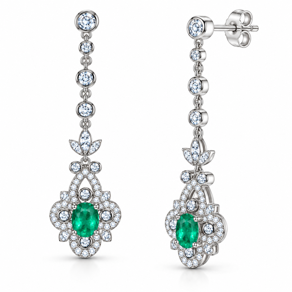 Natural Emerald 4x5mm Oval Vintage Chandelier Dangle Earrings in 925 Sterling Silver