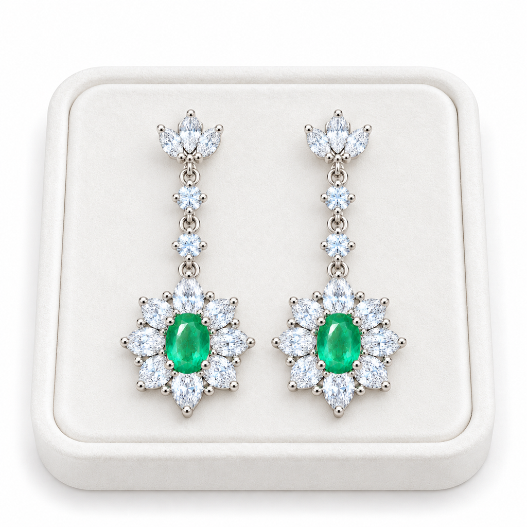 Natural Emerald 4x6mm Oval Floral Halo Dangle Earrings in 925 Sterling Silver with CZ