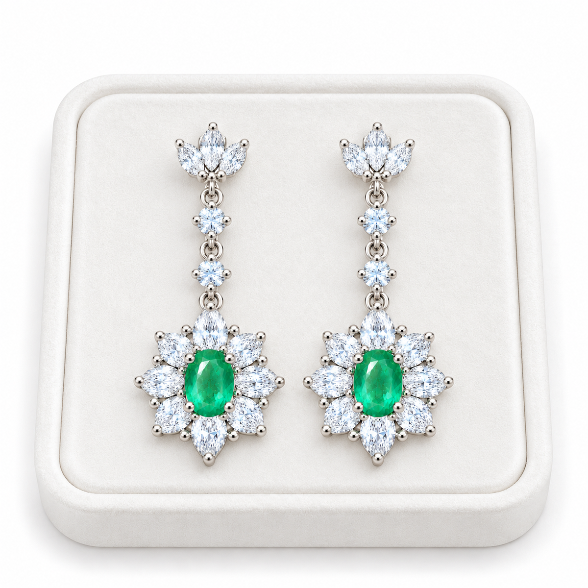 Natural Emerald 4x6mm Oval Floral Halo Dangle Earrings in 925 Sterling Silver with CZ