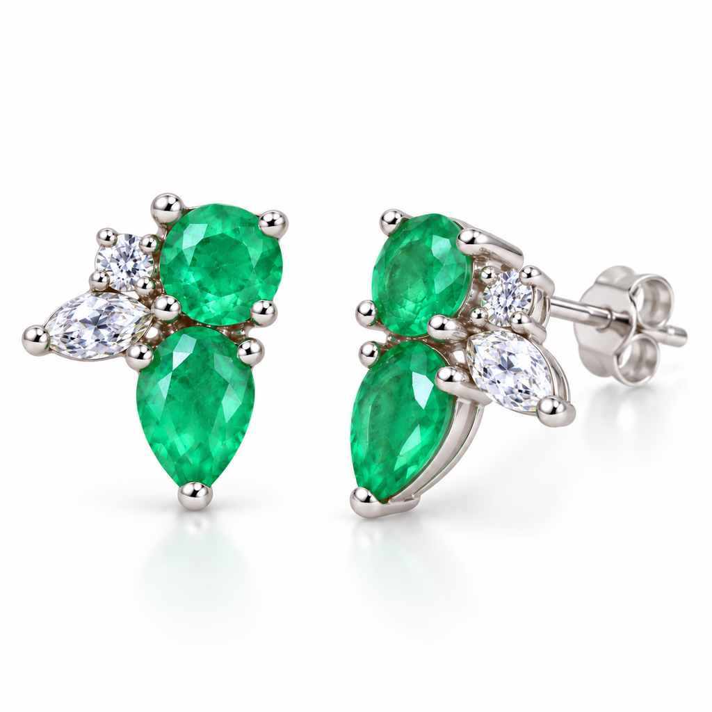 Natural Emerald Round and Pear Cut Floral Stud Earrings in 925 Sterling Silver with CZ