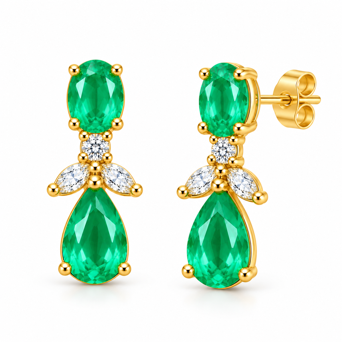 Natural Emerald 4x6mm Oval and Pear Cut Drop Earrings in Gold Plated 925 Sterling Silver