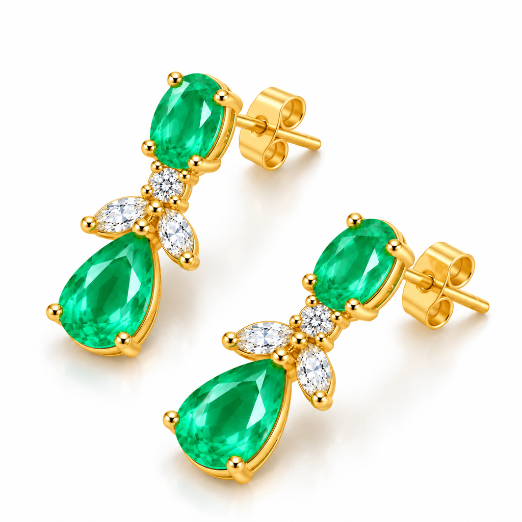 Natural Emerald 4x6mm Oval and Pear Cut Drop Earrings in Gold Plated 925 Sterling Silver