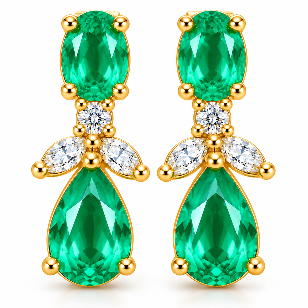 Natural Emerald 4x6mm Oval and Pear Cut Drop Earrings in Gold Plated 925 Sterling Silver