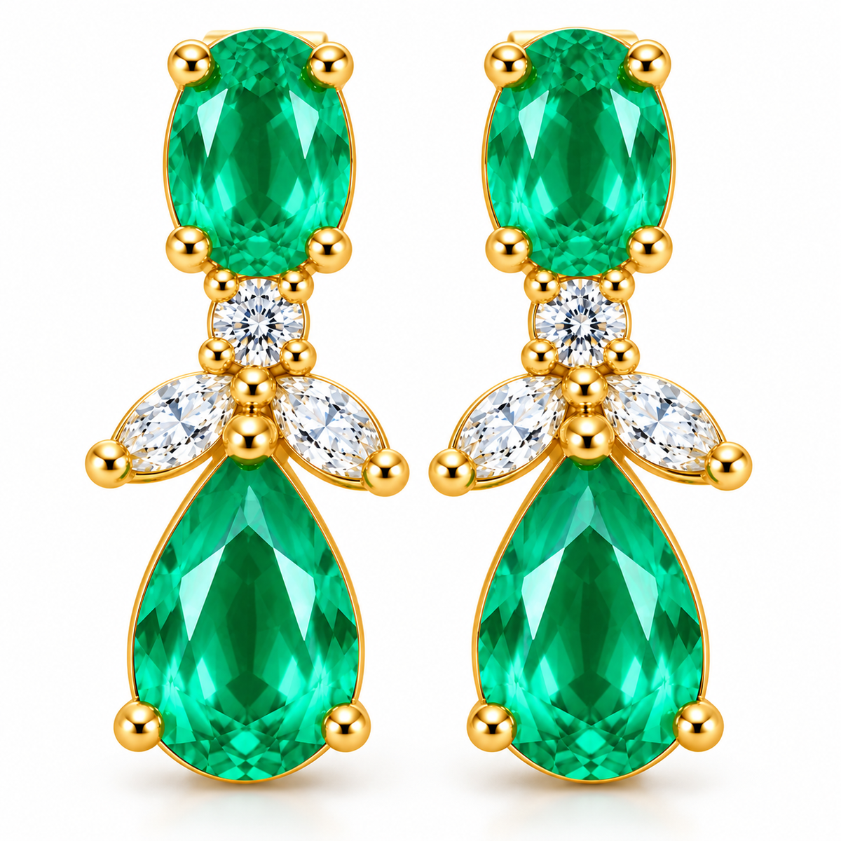 Natural Emerald 4x6mm Oval and Pear Cut Drop Earrings in Gold Plated 925 Sterling Silver