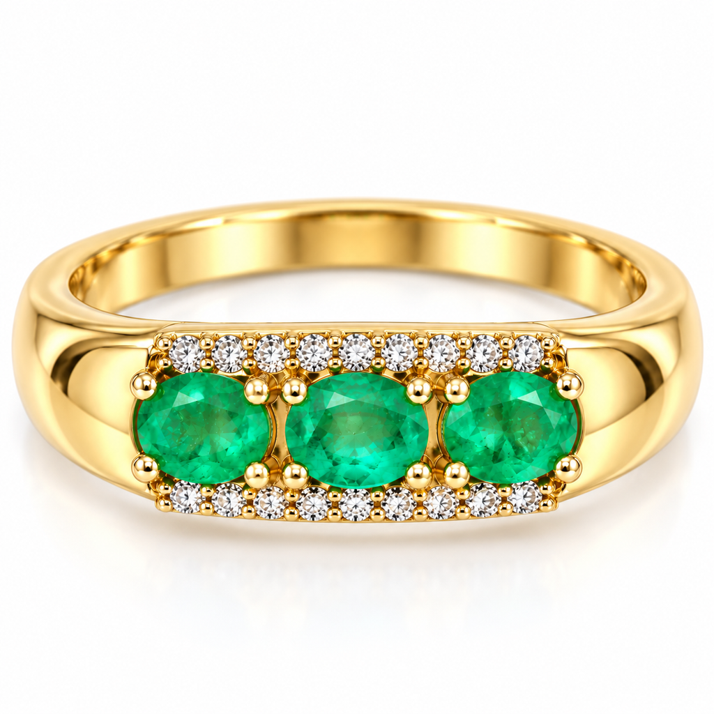 Men's Natural Colombian Emerald Three-Stone Band Ring in 925 Sterling Silver – 3×4mm Oval Emeralds