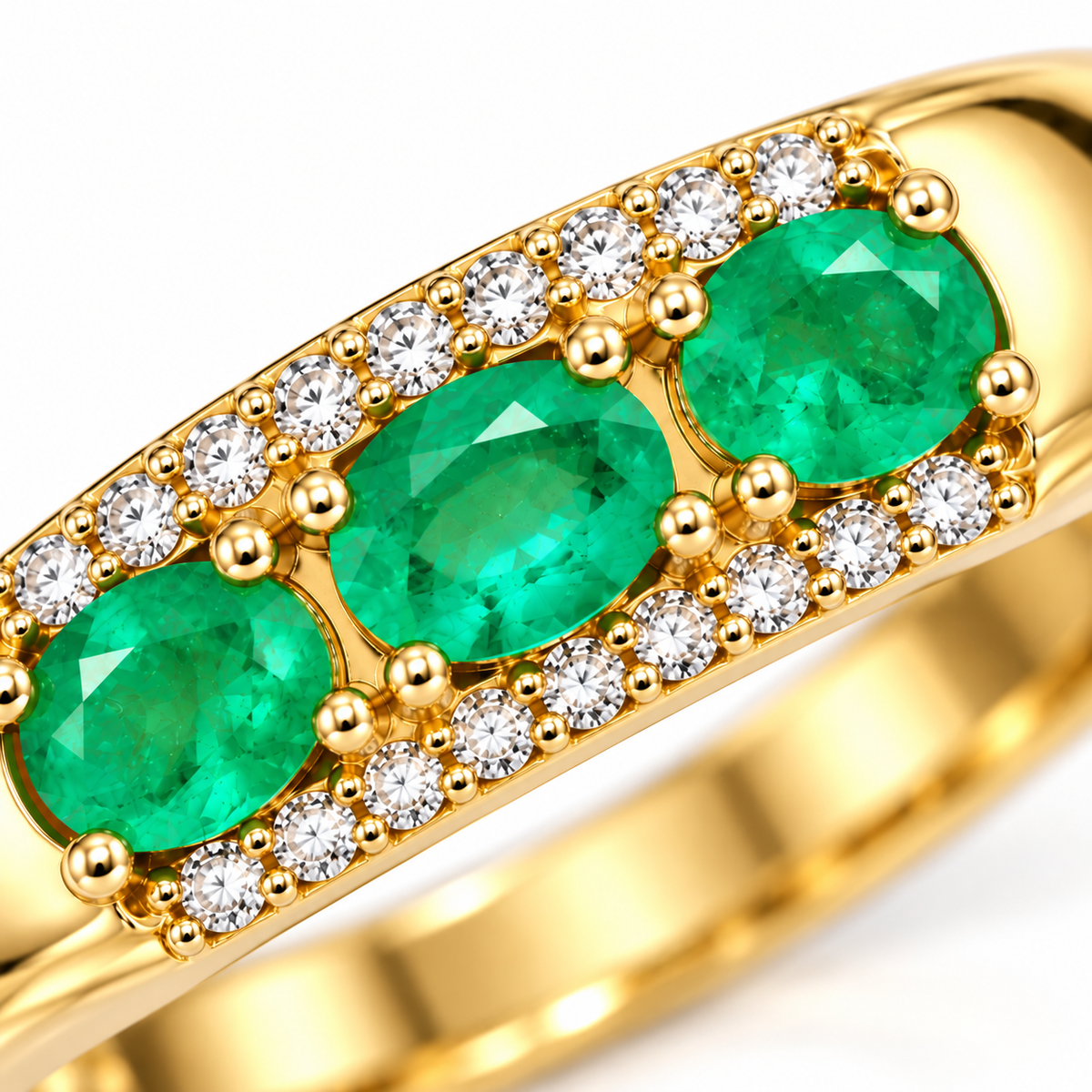 Men's Natural Colombian Emerald Three-Stone Band Ring in 925 Sterling Silver – 3×4mm Oval Emeralds