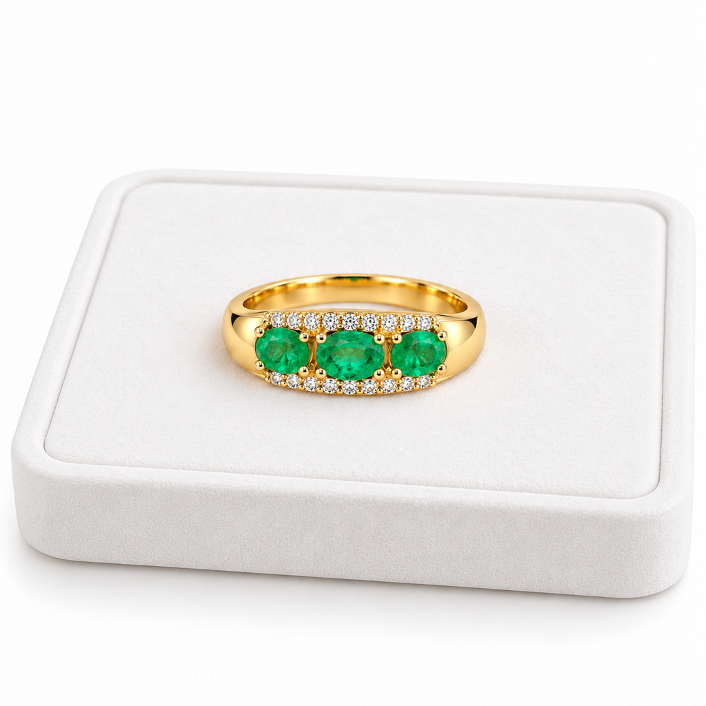 Men's Natural Colombian Emerald Three-Stone Band Ring in 925 Sterling Silver – 3×4mm Oval Emeralds