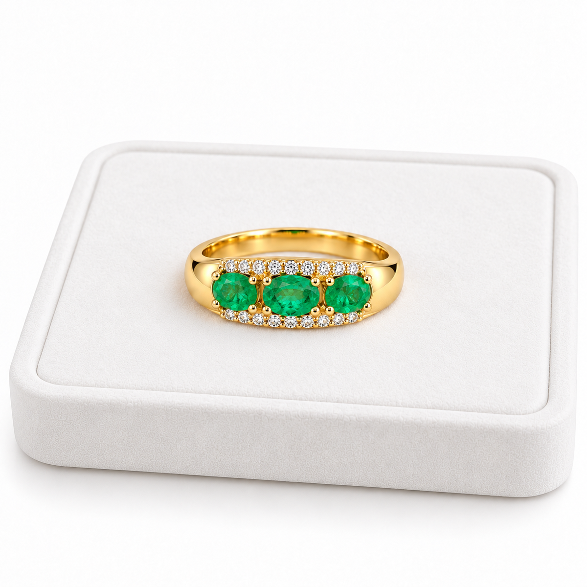 Men's Natural Colombian Emerald Three-Stone Band Ring in 925 Sterling Silver – 3×4mm Oval Emeralds