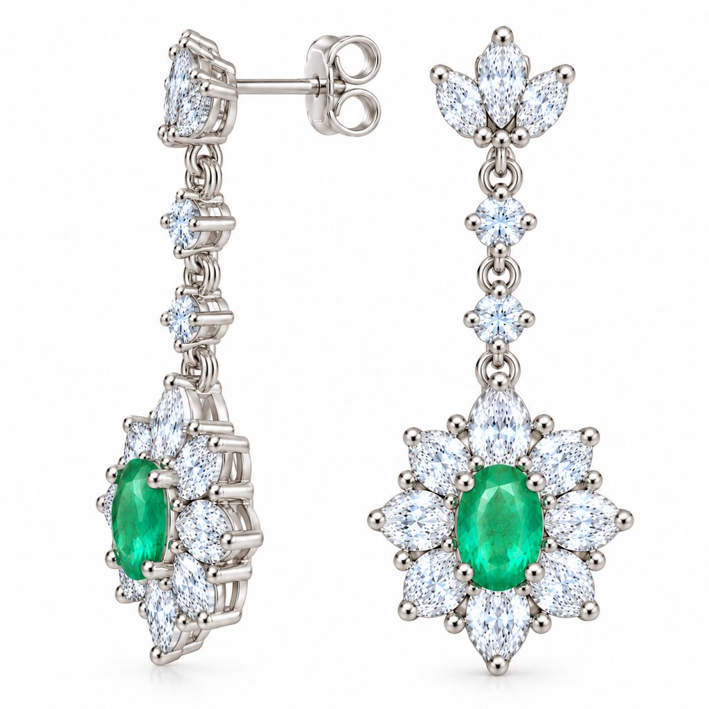 Natural Emerald 4x6mm Oval Floral Halo Dangle Earrings in 925 Sterling Silver with CZ