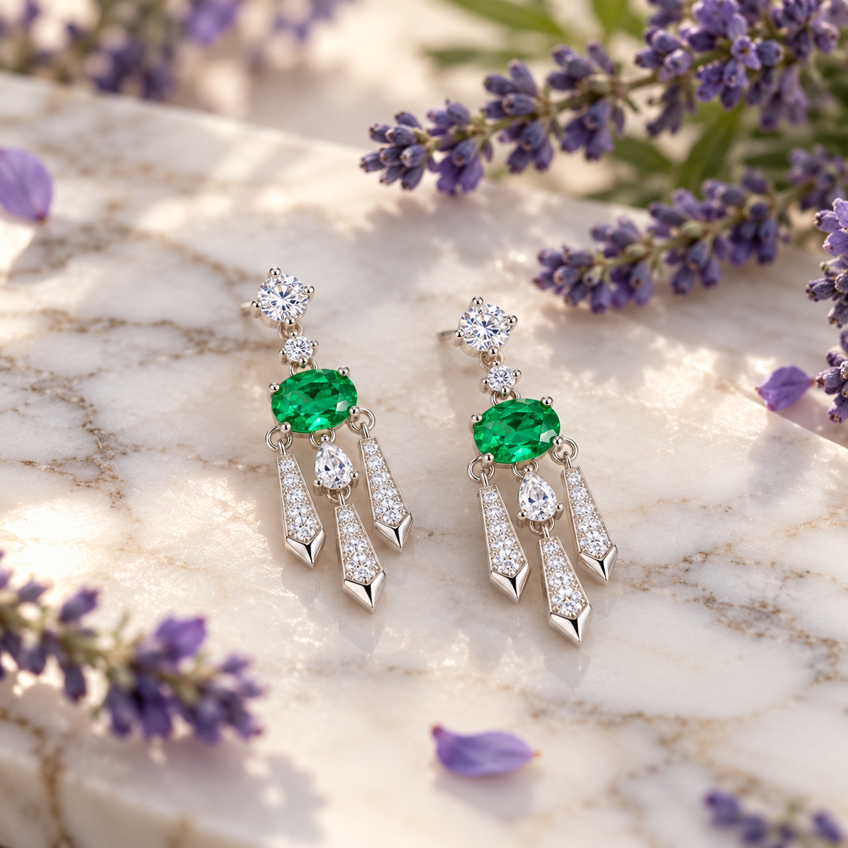 Natural Emerald 4x6mm Oval Chandelier Dangle Earrings in 925 Sterling Silver with CZ