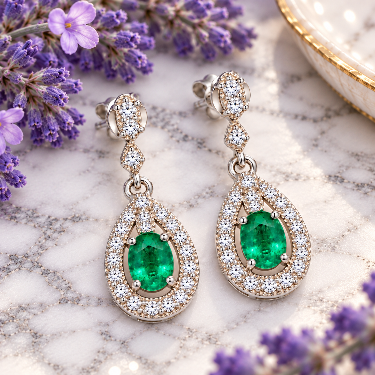 Natural Emerald 4x5mm Oval Teardrop Halo Dangle Earrings in 925 Sterling Silver with CZ