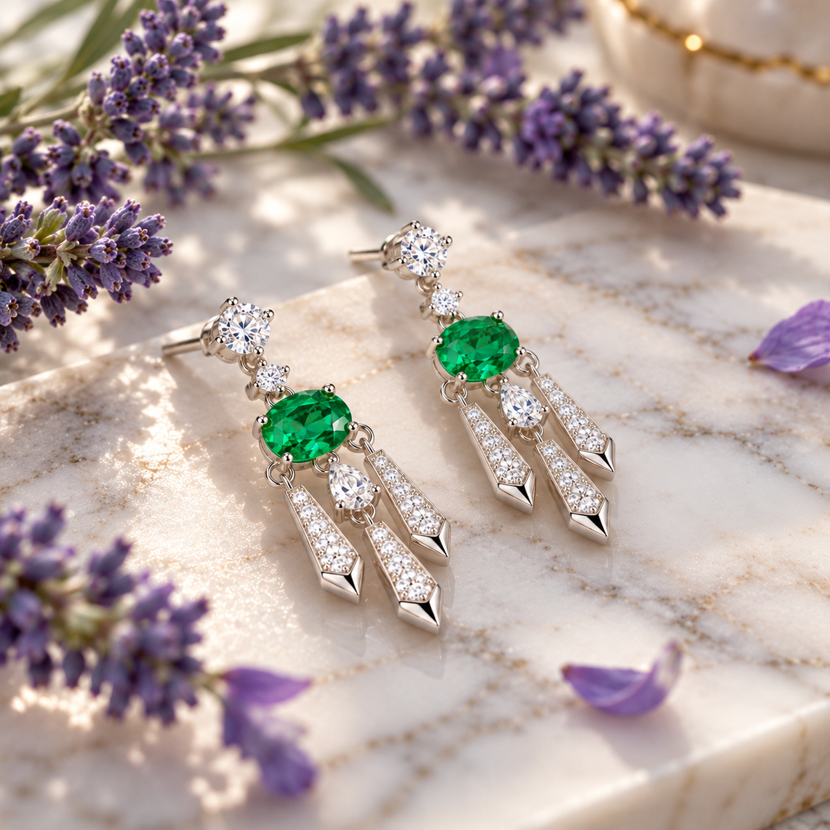 Natural Emerald 4x6mm Oval Chandelier Dangle Earrings in 925 Sterling Silver with CZ