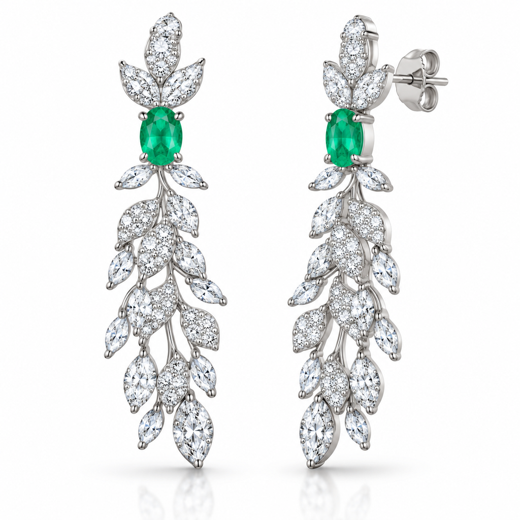 Natural Emerald 4x6mm Oval Leaf Chandelier Dangle Earrings in 925 Sterling Silver