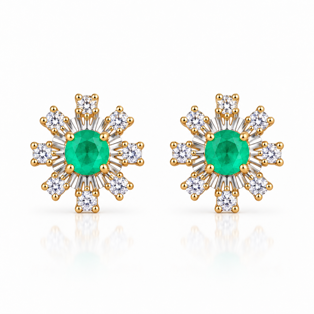 Natural Emerald 3mm Round Snowflake Stud Earrings with CZ in 925 Sterling Silver