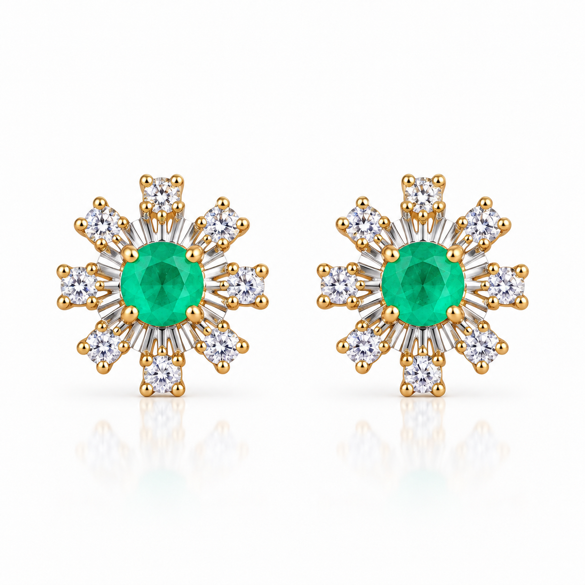 Natural Emerald 3mm Round Snowflake Stud Earrings with CZ in 925 Sterling Silver
