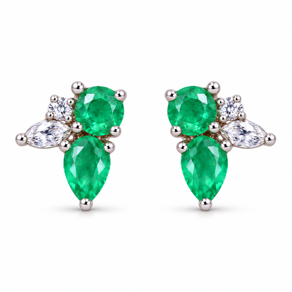Natural Emerald Round and Pear Cut Floral Stud Earrings in 925 Sterling Silver with CZ