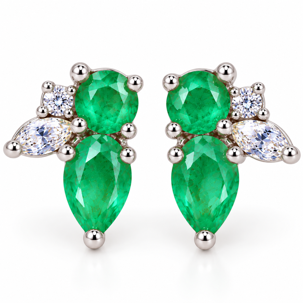 Natural Emerald Round and Pear Cut Floral Stud Earrings in 925 Sterling Silver with CZ