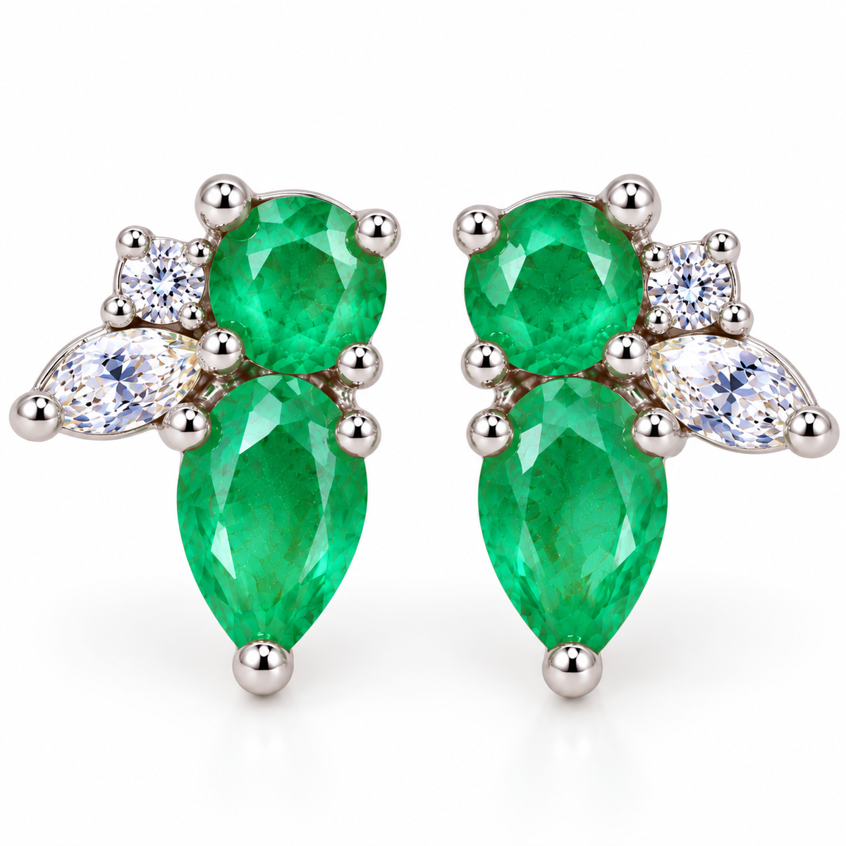 Natural Emerald Round and Pear Cut Floral Stud Earrings in 925 Sterling Silver with CZ