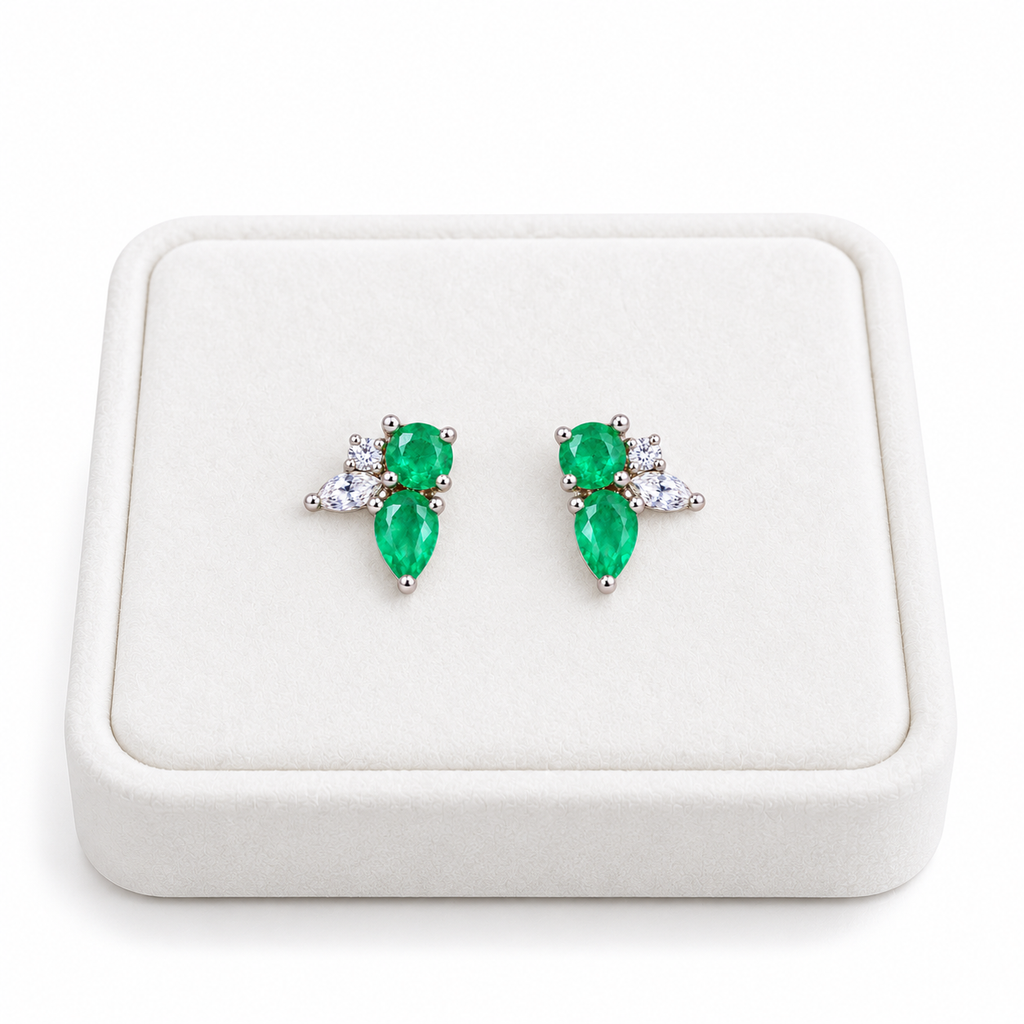 Natural Emerald Round and Pear Cut Floral Stud Earrings in 925 Sterling Silver with CZ